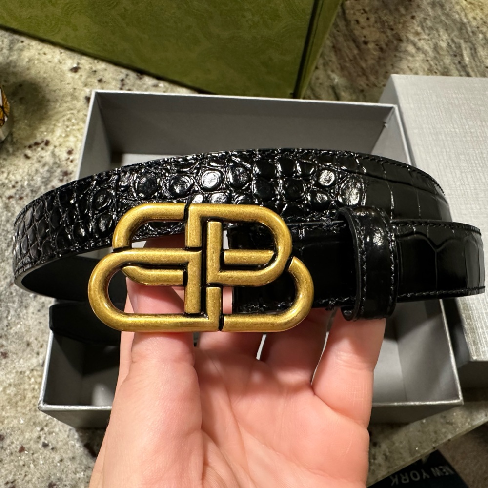 Balenciaga Black Croc Embossed Leather Belt with Gold BB Logo Buckle